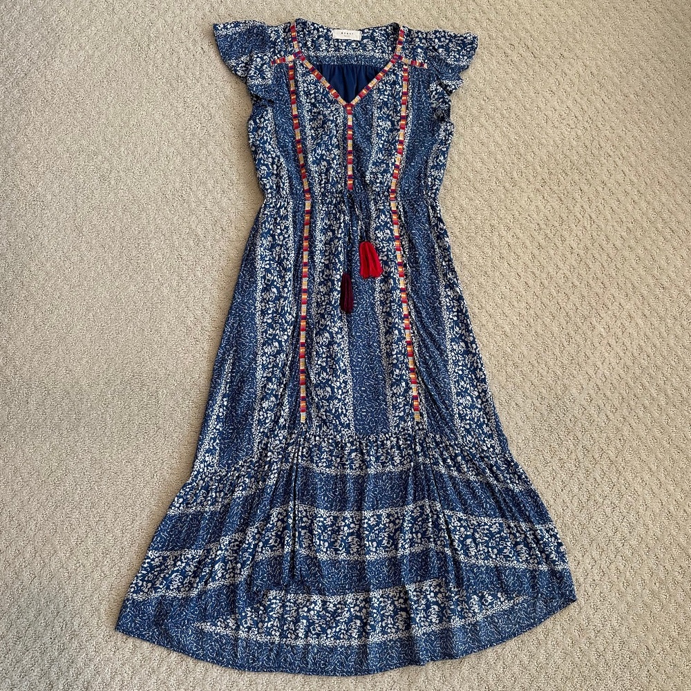 MOMNI Hi-Lo Floral/Striped Embroidered Midi Dress Blue/White S Boho Cottagecore